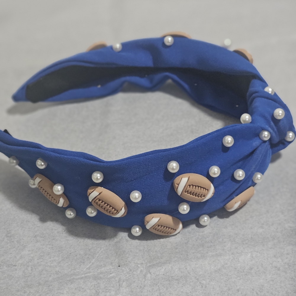 Blue Headband with Football and Pearl Accents
